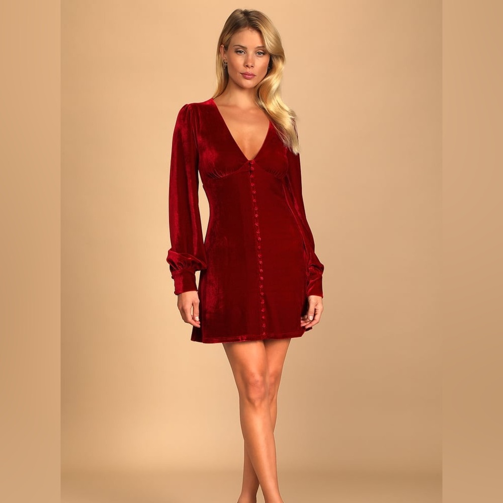 Make it Merry Wine Red Velvet Long Sleeve Button-Up Mini Dress - Lulu’s